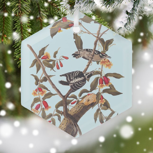 Audubon Downy Woodpecker Couple with Flowers Glass Ornament (Audubon Downy Woodpecker Glass Ornament on snow covered Christmas tree)