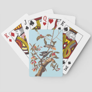 Audubon Downy Woodpecker Couple with Flowers Poker Cards