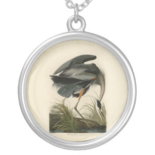Audubon Great Blue Heron Marsh Bird Silver Plated Necklace
