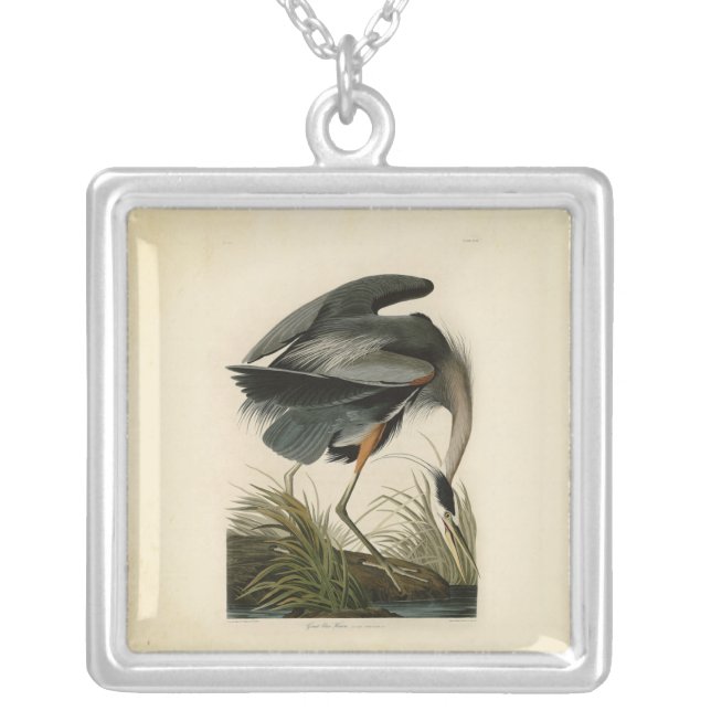 Audubon Great Blue Heron Marsh Bird Silver Plated Necklace (Front)