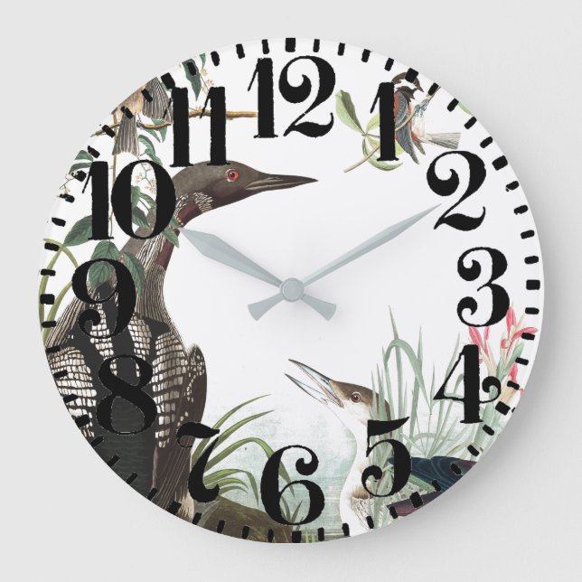 Audubon Loons Birds Big Number Wall Clock (Front)