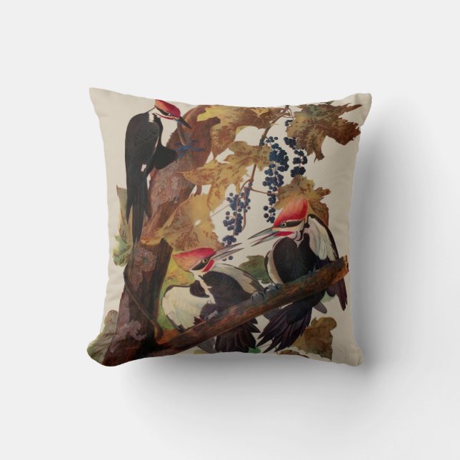 Audubon Pileated Woodpecker Bird Painting Throw Pillow (Front)