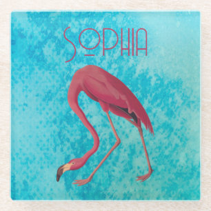 Audubon Pink Flamingo on Blue Watercolor Glass Coaster