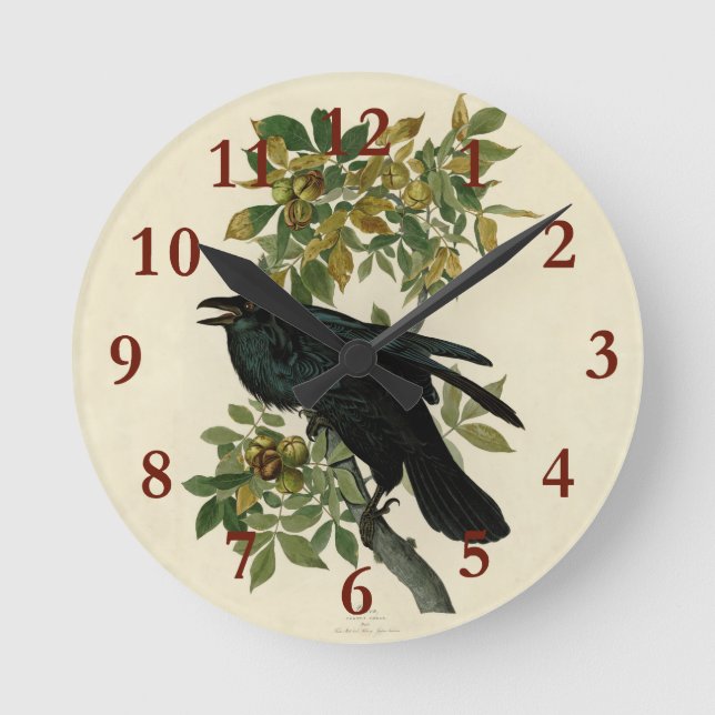 Audubon Raven Bird Classic Artwork Round Clock (Front)