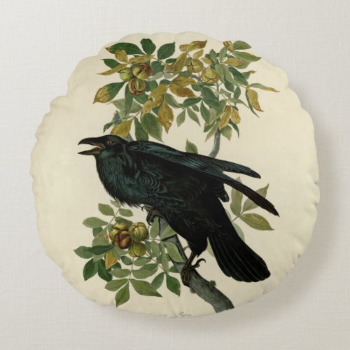 Audubon Raven Bird Classic Artwork Round Pillow