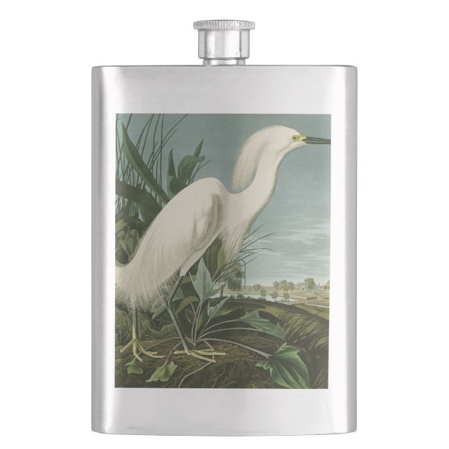 Audubon Snowy Heron White Egret Bird Birding Flask (Front)