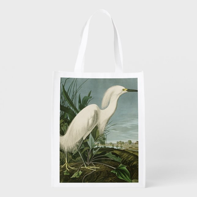 Audubon Snowy Heron White Egret Bird Birding Grocery Bag (Back)