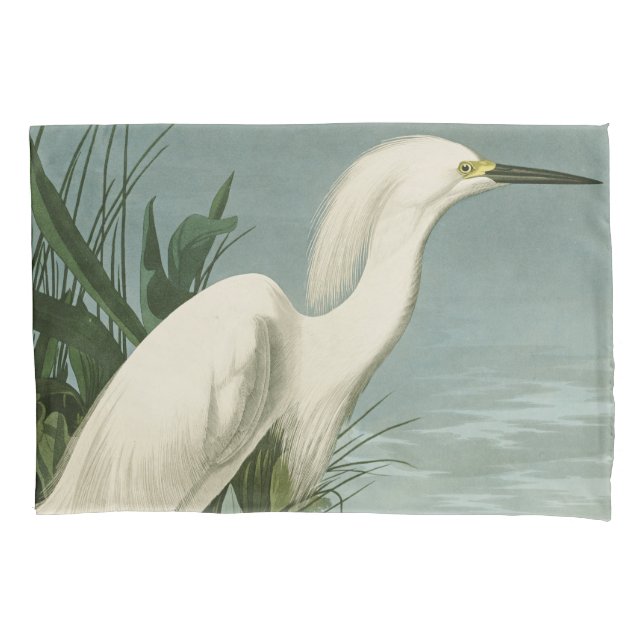 Audubon Snowy Heron White Egret Bird Birding Pillow Case (Front)