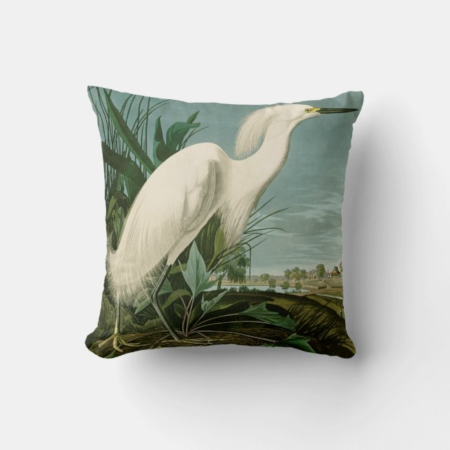 Audubon Snowy Heron White Egret Bird Birding Throw Pillow (Front)
