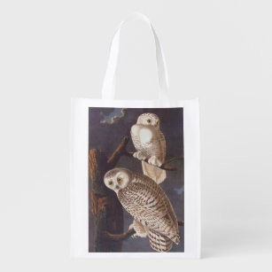 Audubon Snowy White Owl Pair on a Cloudy Night Grocery Bag