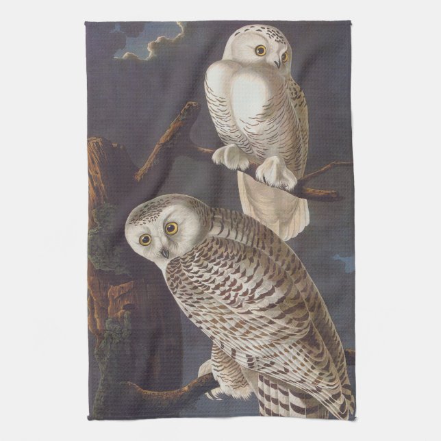 Audubon Snowy White Owls on a Dark Cloudy Night Towel (Vertical)