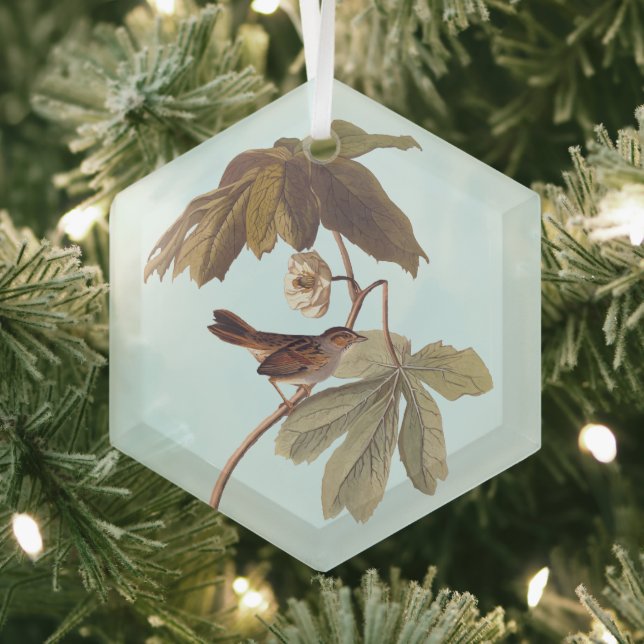 Audubon Swamp Sparrow Bird on Wild Mandrake Glass Ornament (Insitu)