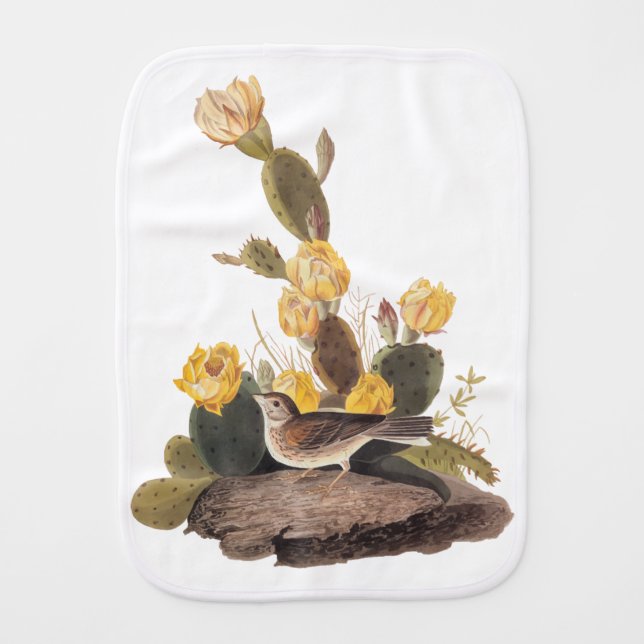 Audubon Vesper Sparrow and Prickly Pear Cactus Baby Burp Cloth (Front)