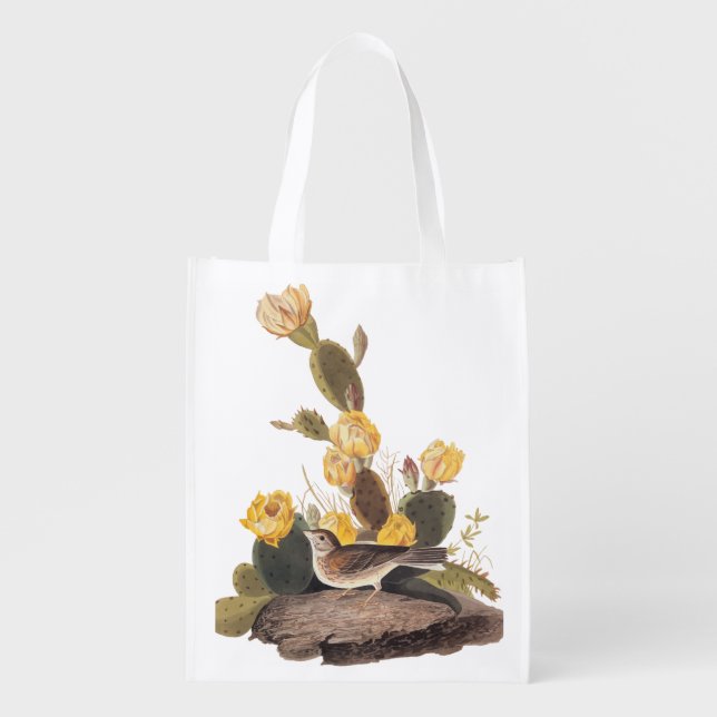 Audubon Vesper Sparrow and Prickly Pear Cactus Grocery Bag (Front)