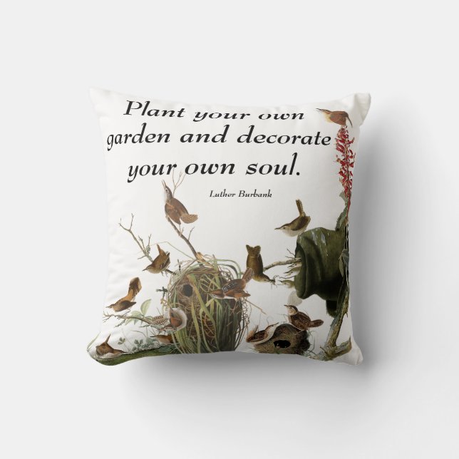 Audubon Wren Birds Animal Flower Nest Throw Pillow (Front)