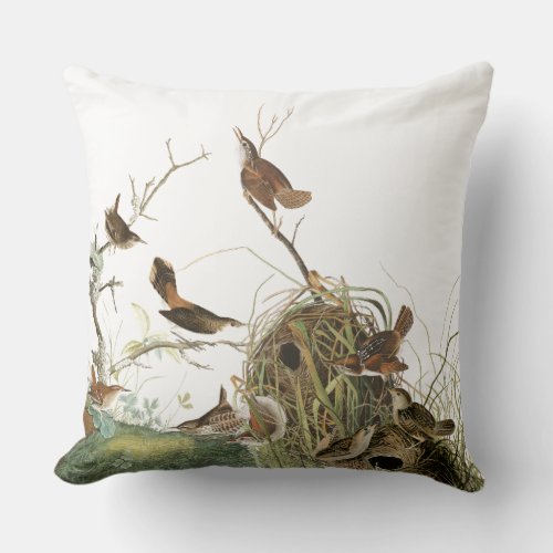 Audubon Wren Birds Animal Nests Throw Pillow