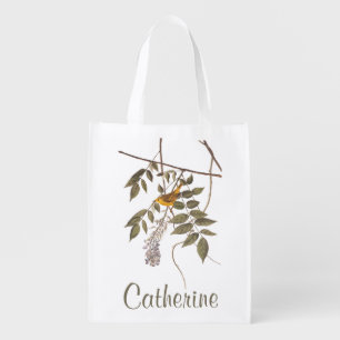 Audubon's Blue Eyed Yellow Warbler on Wisteria Reusable Grocery Bag