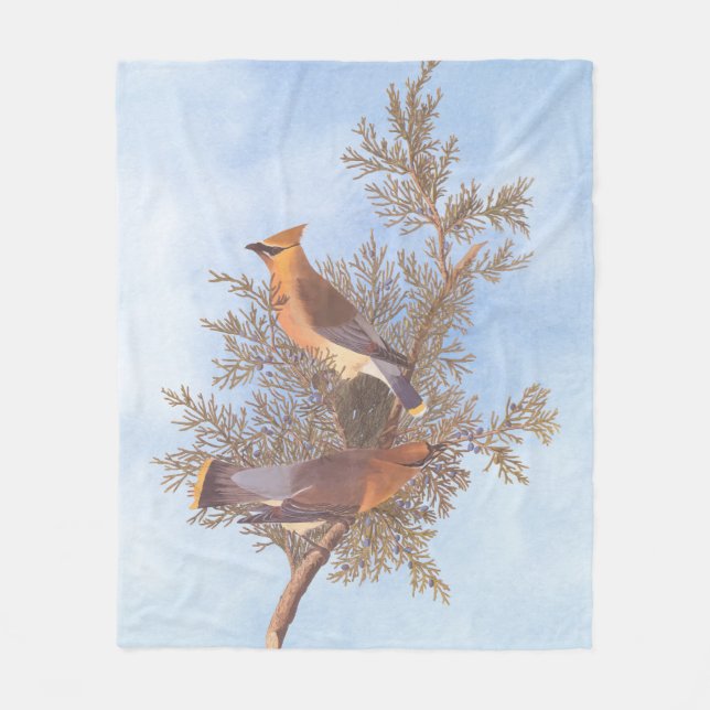 Audubon's Cedar Waxwing Bird Pair on Evergreen Fleece Blanket (Front)