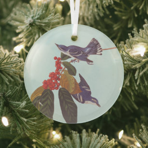 Audubon's Cerulean Warbler Bird Pair with Berries Glass Ornament