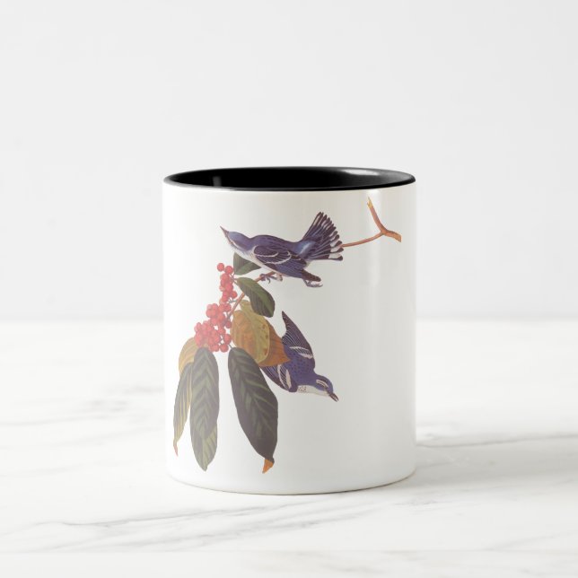 Audubon's Cerulean Warbler Bird with Red Berries Two-Tone Coffee Mug (Center)