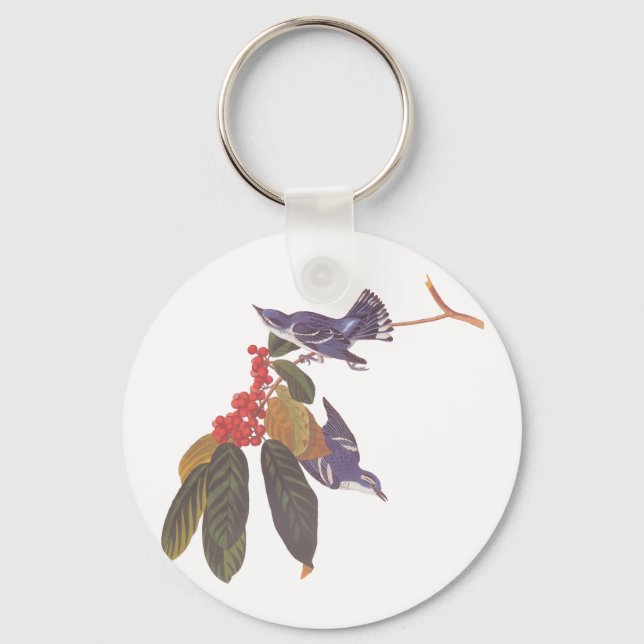 Audubon's Cerulean Warbler Birds with Bear Berries Keychain (Front)