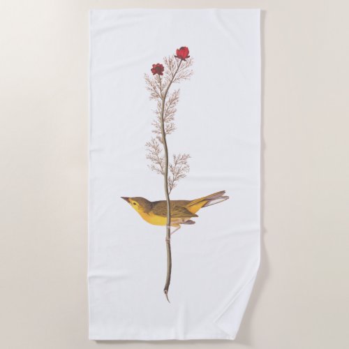 Audubons Hooded Warbler Bird on Red Flower Beach Towel