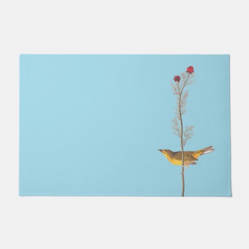 Audubons Hooded Warbler Bird on Red Flower Doormat