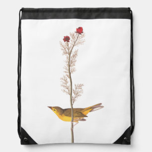Audubon's Hooded Warbler Bird on Red Flower Drawstring Bag