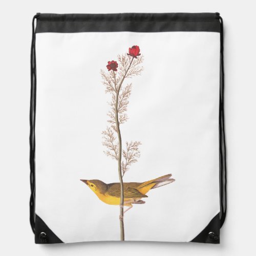 Audubons Hooded Warbler Bird on Red Flower Drawstring Bag