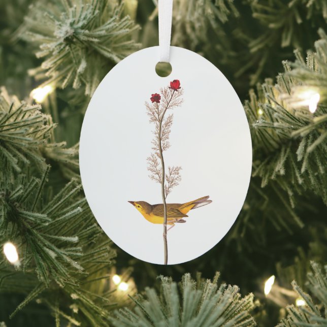 Audubon's Hooded Warbler Bird on Red Flower Metal Ornament (Insitu)