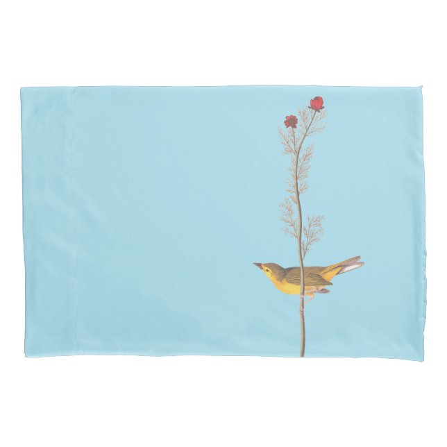 Audubon's Hooded Warbler Bird on Red Flower Pillow Case (Front)