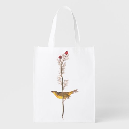 Audubons Hooded Warbler Bird on Red Flower Reusable Grocery Bag