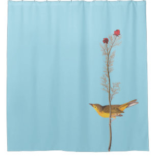 Audubon's Hooded Warbler Bird on Red Flower Shower Curtain