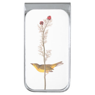 Audubon's Hooded Warbler Bird on Red Flower Silver Finish Money Clip