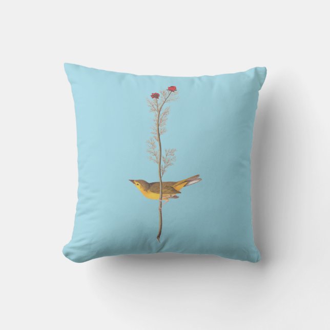 Audubon's Hooded Warbler Bird on Red Flower Throw Pillow (Front)