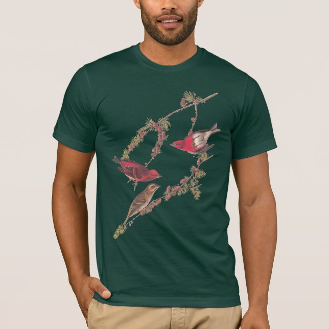 Audubon's Purple Finch Red Birds on Black Larch T-Shirt (Front)