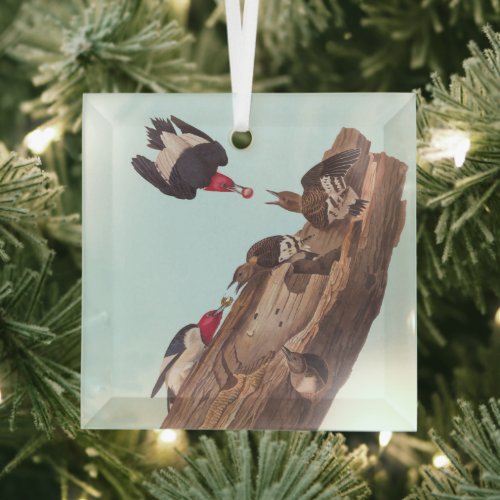 Audubons Red_Headed Woodpecker Family in Log Glass Ornament