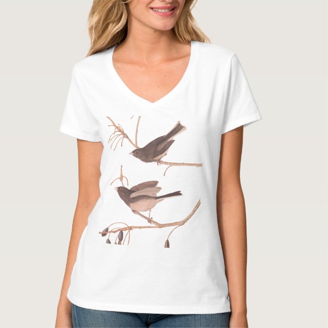 Audubon's Snow Birds on Winter Tree Branch T-Shirt (Front)