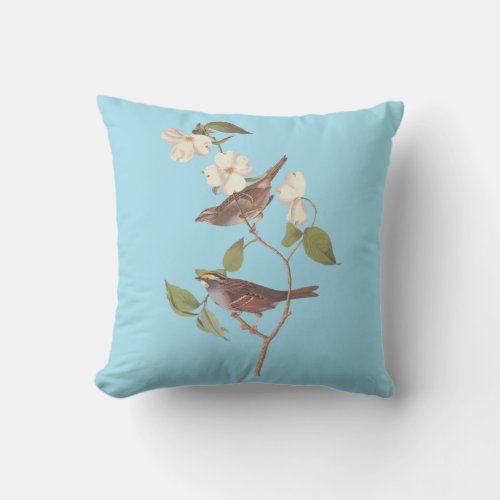 Audubons White Throated Sparrow on Blue Throw Pillow