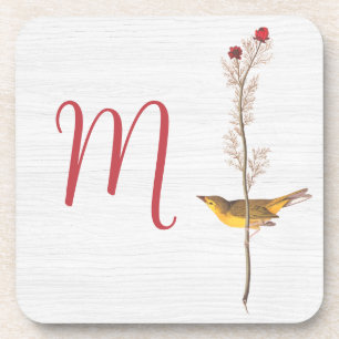 Audubon's Yellow Bird on Flower with Monogram Beverage Coaster