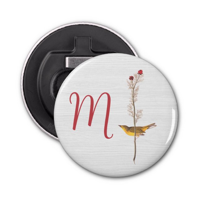 Audubon's Yellow Bird on Flower with Monogram Bottle Opener (Front)