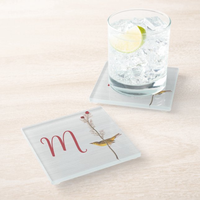 Audubon's Yellow Bird on Flower with Monogram Glass Coaster (Angled)