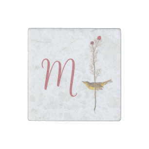 Audubon's Yellow Bird on Flower with Monogram Keyc Stone Magnet