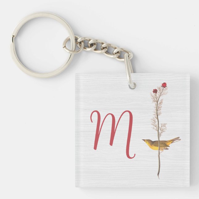 Audubon's Yellow Bird on Flower with Monogram Keychain (Front)