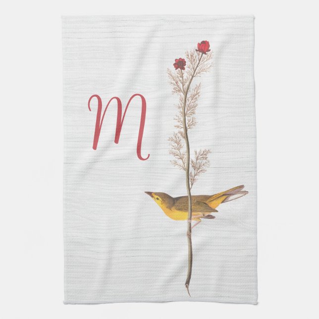 Audubon's Yellow Bird on Flower with Monogram Kitchen Towel (Vertical)