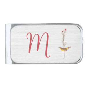 Audubon's Yellow Bird on Flower with Monogram Silver Finish Money Clip