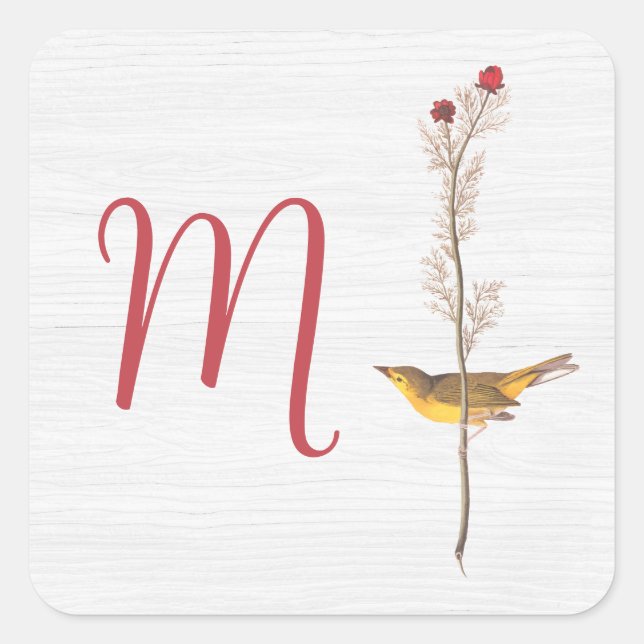 Audubon's Yellow Bird on Flower with Monogram Square Sticker (Front)