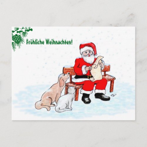 auf Deutsch Weihnachtsmann mit Hund und Katze Holiday Postcard