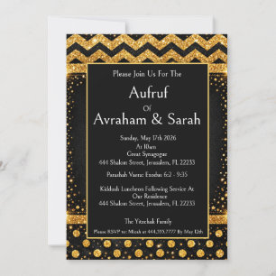 Aufruf Jewish Gold Black, Polka Dots Stripes Glam Invitation