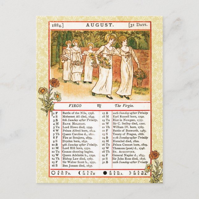 August 1884 Almanac.  Virgo, The Virgin Postcard (Front)
